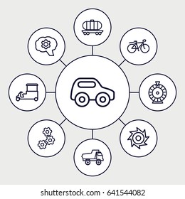 Wheel icons set. set of 9 wheel outline icons such as toy car, roulette, fast food cart, bicycle, cargo wagon, saw