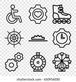 Wheel icons set. set of 9 wheel outline icons such as roulette, gear, heart in gear, disabled, helm, gear clock