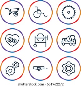 Wheel icons set. set of 9 wheel outline icons such as barrow, gear, blade saw, concrete mixer