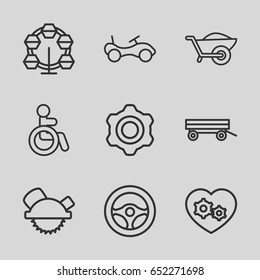 Wheel icons set. set of 9 wheel outline icons such as disabled, barrow, bike, saw blade, wheelbarrow, gear heart, steering wheel, gear
