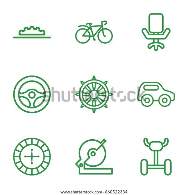 Wheel icons set. set of 9\
wheel outline icons such as toy car, roulette, circular saw,\
bicycle, helm