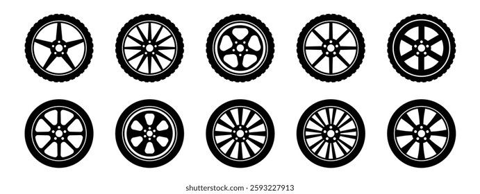 Wheel icons set. Black wheel tires silhouette collection. Auto wheel disks. Black rubber wheel tire set icon.