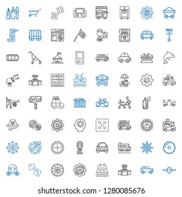 wheel icons set. Collection of wheel with car, valve, sea, settings, roulette, dice, carriage, saw, rudder, school bus, captain, ice cream car. Editable and scalable wheel icons.