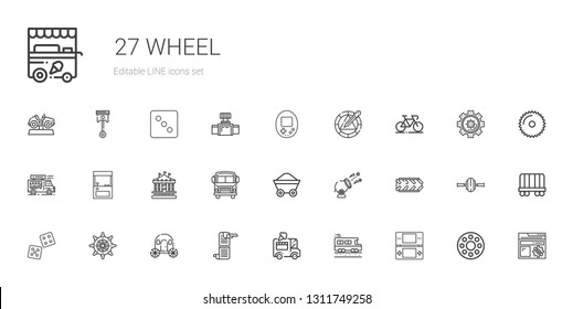 wheel icons set. Collection of wheel with console, school bus, ice cream car, scroll, carriage, rudder, dice, tire, cannon, wagon, carousel. Editable and scalable wheel icons.