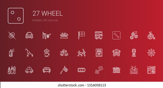 wheel icons set. Collection of wheel with roller coaster, dice, tire, racing, car, tools, school bus, ice cream machine, mars rover, ice cream truck. Editable and scalable wheel icons.