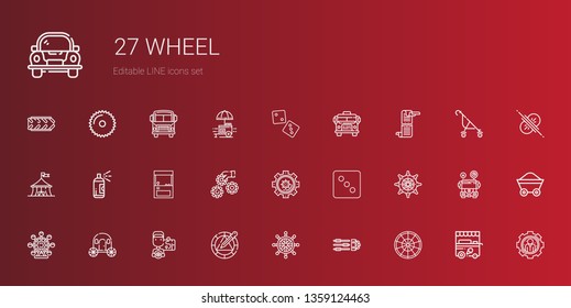 wheel icons set. Collection of wheel with roulette, settings, rudder, driver, carriage, ferris wheel, dice, arcade, paint, circus, scroll, school bus. Editable and scalable icons.