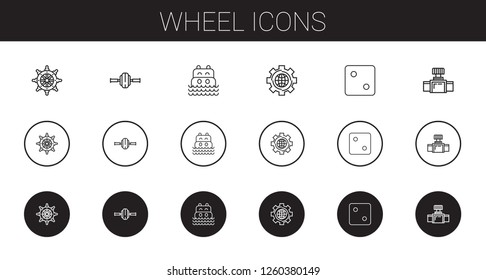 wheel icons set. Collection of wheel with rudder, sea, settings, dice, valve. Editable and scalable wheel icons.