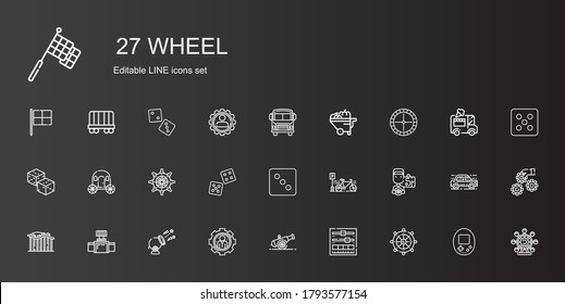 wheel icons set. Collection of wheel with rudder, setting, cannon, settings, valve, roller coaster, driver, bicycle, dice, carriage, dices. Editable and scalable wheel icons.