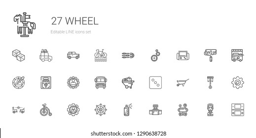 wheel icons set. Collection of wheel with school bus, valve, paint, rudder, settings, bicycle, car, wheelbarrow, dice, ice cream machine, video games. Editable and scalable wheel icons.