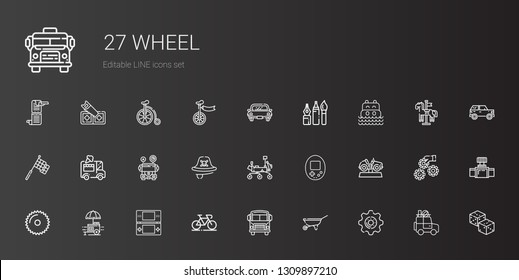 wheel icons set. Collection of wheel with settings, wheelbarrow, school bus, bicycle, console, food stall, saw, car, mars rover, pirate, ice cream car. Editable and scalable wheel icons.