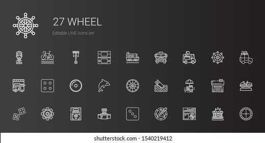 wheel icons set. Collection of wheel with settings, dice, valve, ice cream machine, food stall, saw, roulette, dolphin, ice cream cart, ice cream car. Editable and scalable wheel icons.