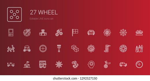 wheel icons set. Collection of wheel with unicycle, gear, carousel, rudder, ice cream cart, circus, car, scroll, settings, dices, automotive. Editable and scalable wheel icons.