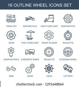 wheel icons. Trendy 16 wheel icons. Contain icons such as train toy, motorcycle, fast food cart, gear rotate, gear, heart in gear, Roulette, keyhole. wheel icon for web and mobile.