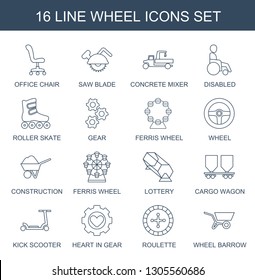 Wheel Icons. Trendy 16 Wheel Icons. Contain Icons Such As Office Chair, Saw Blade, Concrete Mixer, Disabled, Roller Skate, Gear, Ferris Wheel, Construction. Icon For Web And Mobile.