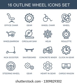 wheel icons. Trendy 16 wheel icons. Contain icons such as office chair, gear, wheel chair, wheelbarrow, circular saw, helm, Roulette, kick scooter. icon for web and mobile.