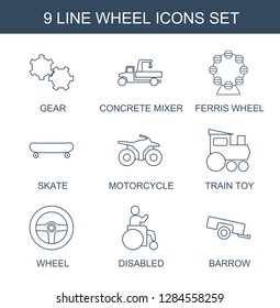wheel icons. Trendy 9 wheel icons. Contain icons such as gear, concrete mixer, Ferris wheel, skate, motorcycle, train toy, disabled, barrow. wheel icon for web and mobile.