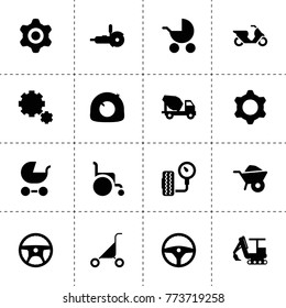 Wheel icons. vector collection filled wheel icons. includes symbols such as wheelbarrow, tire repair, steering wheel, gear, tire pressure. use for web, mobile and ui design.