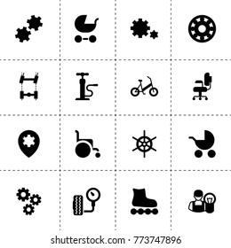 Wheel icons. vector collection filled wheel icons. includes symbols such as gear, car chassis, bearing, tire pressure, car electrician. use for web, mobile and ui design.
