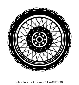 Wheel illustration in monochrome style. Design element for logo, label, sign, emblem. Vector illustration