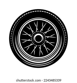 Wheel illustration in monochrome style. Design element for logo, label, sign, emblem. Vector illustration