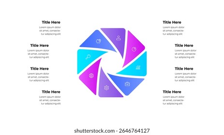 Wheel infographic featuring 8 sections, icons, and placeholder text. Perfect for presentations, data visualization, and business reports, providing a professional and dynamic layout for information