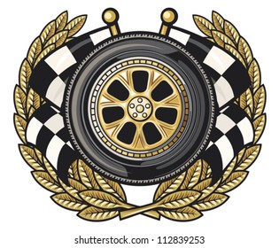 wheel laurel wreath and two crossed checkered flags (tyre - sports race emblem)