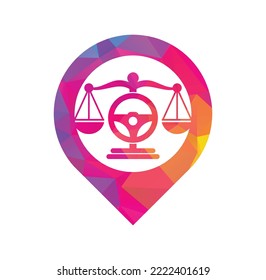 Wheel law map pin shape concept vector logo design template. Steering and balance icon design.