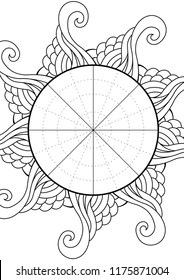 Wheel of Life. Life balance wheel radial diagram. Psychology and coaching tool for self development. Personal purposes chart with elegant zendoodle design.