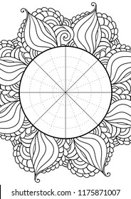 Wheel of Life. Life balance wheel radial diagram. Psychology and coaching tool for self development. Personal purposes chart with trendy zentangle inspired design.