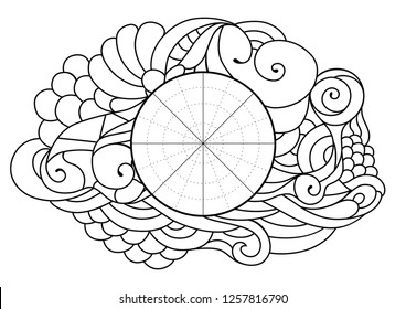 Wheel of Life. Life balance wheel radial diagram. Psychology and coaching tool for self development. Personal purposes chart with trendy zentangle inspired design.