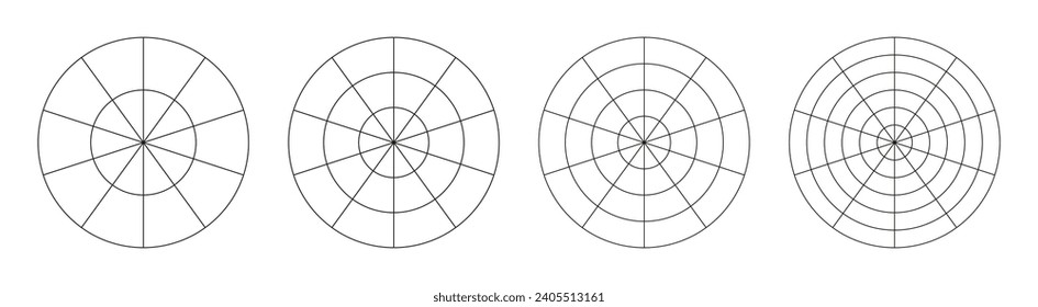 Plantillas de gráficos de ruedas de vida. Simple herramienta de coaching para visualizar todas las áreas de la vida. Redes polares con segmentos y círculos concéntricos. Diagramas de círculo del equilibrio de estilo de vida. Papel polar en blanco.