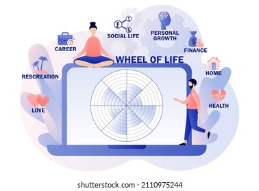 Wheel of life online. Life balance concept. Tiny people use coaching tool in web site. Human needs. Life coaching. Modern flat cartoon style. Vector illustration on white background