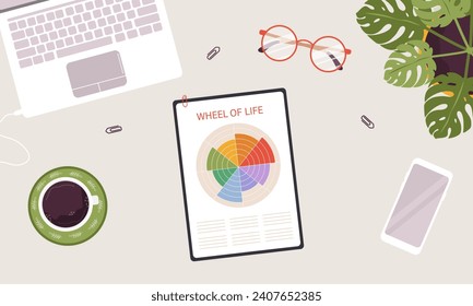 The Wheel of life. People analysis their needs. Circle diagram of life balance. Top view workplace. Well-being concept. Vector illustration in cartoon style.