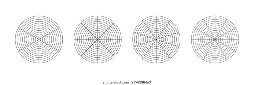 Wheel of life template. Set of coaching tool for visualizing all areas of life. Polar grid with segments, concentric circles. Circle diagrams of life style balance. Blank of polar graph paper. Vector.