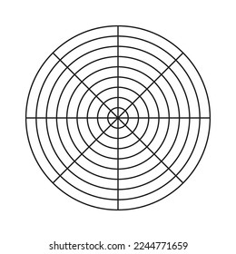 Wheel of life template. Simple coaching tool for visualizing all areas of life. Polar grid of 8 segments and 8 concentric circles. Blank polar graph paper. Circle diagram of life style balance.