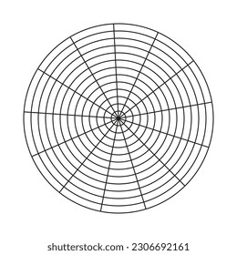 Wheel of life template. Simple coaching tool for visualizing all areas of life. Blank polar graph paper. Polar grid of 13 segments and 12 concentric circles. Circle diagram of life style balance.