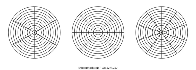 Wheel of life template. Simple coaching tool for visualizing all areas of life. Circle diagram of life style balance. Polar grid with segments, concentric circles. Blank of polar graph paper. Vector.
