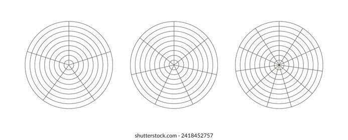 Plantilla de rueda de vida. Simple herramienta de coaching para visualizar todas las áreas de la vida. Diagramas de círculo del equilibrio de estilo de vida. Cuadrícula polar con segmentos, círculos concéntricos. Blank de papel gráfico. Icono del vector.