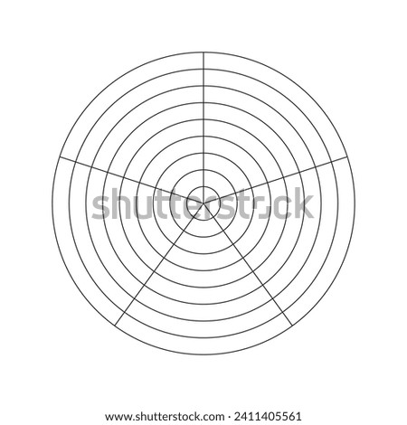 Wheel of life template. Simple coaching tool icon for visualizing all areas of life. Polar grid of 5 segments and 8 concentric circles. Blank polar graph paper. Circle diagram. Life style balance. Eps