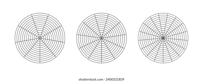 Wheel of life templates. Circle diagrams of life style balance. Coaching tool for visualizing all areas of life. Polar grid with segments, concentric circles. Blank of polar graph paper. Vector icons.