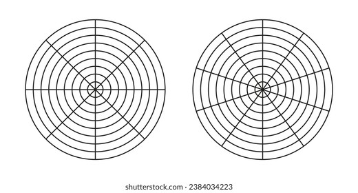 Wheel of life templates. Simple coaching tools for visualizing all areas of life. Set polar grids. Blank polar graph paper collection. Circle diagrams of life style balance.