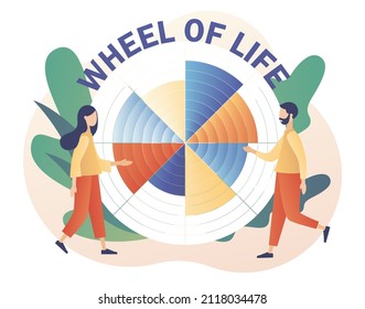 Wheel of life. Tiny people use coaching tool in diagram. Human needs. Life balance concept. Life coaching. Modern flat cartoon style. Vector illustration on white background