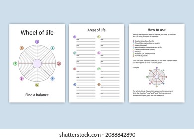 Wheel of life. Vector printable template. Coaching tool on white background.  Life balance concept. Suitable for daily planner, notebook.