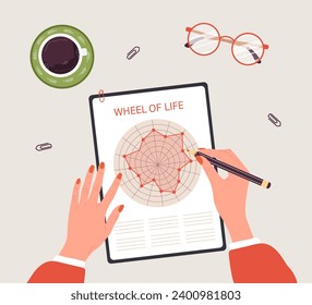 The Wheel of life. Woman analysis her needs. Female hand holding pencil and drawing circle diagram of life balance. Top view workplace. Well-being concept. Vector illustration in flat cartoon style.