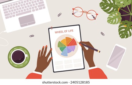 The Wheel of life. Woman analysis her needs. African female hand holding pen and drawing circle diagram of life balance. Top view workplace. Well-being concept. Vector illustration in cartoon style.