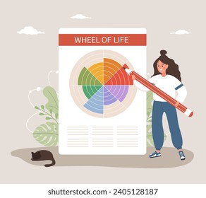 The Wheel of life. Woman analysis her needs. Female character with giant pencil standing near large circle diagram of life balance. Well-being concept. Vector illustration in cartoon style.