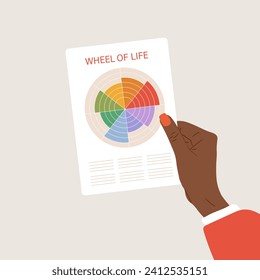 The Wheel of life. Woman analysis her needs. African female hand holds sheet with circle diagram of life balance. Well-being concept. Vector illustration in cartoon style.