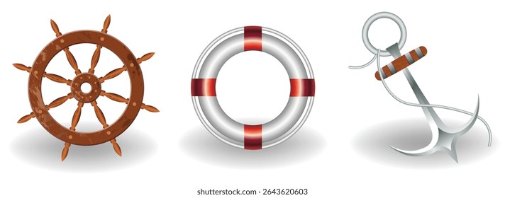 wheel, Lifebuoy retro and anchor symbols vector  on white background