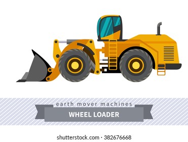 Wheel loader classic. Heavy equipment vehicle isolated color vector illustration.