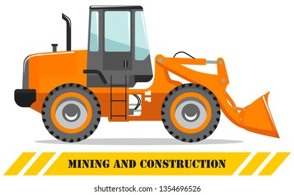 Wheel loader. Detailed illustration of heavy mining machine and construction equipment. Vector illustration.